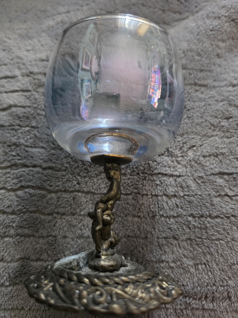 Antique-Style Clear Glass Goblet with Ornate Bronze Base